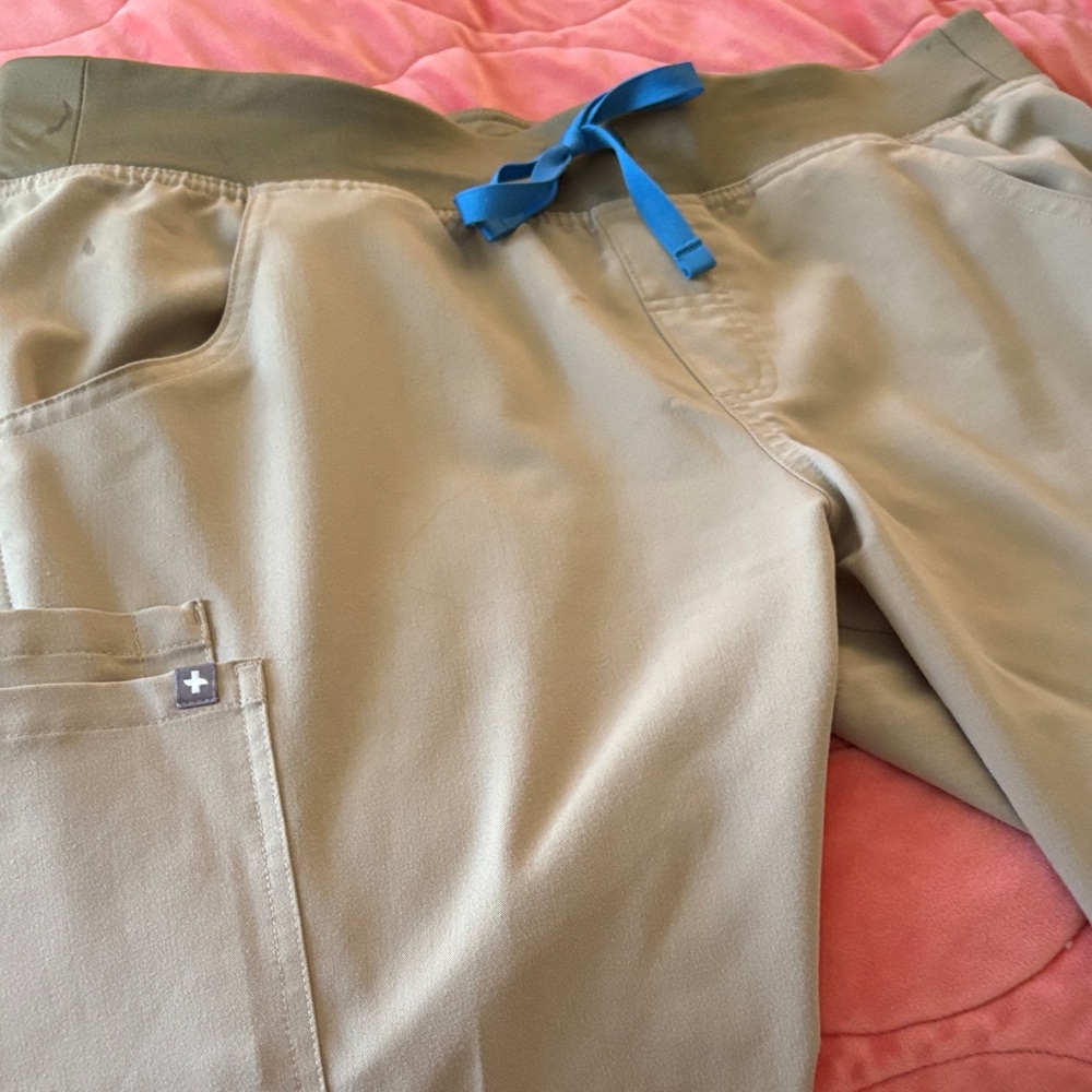 Tan Scrub Pants with Blue Drawstring